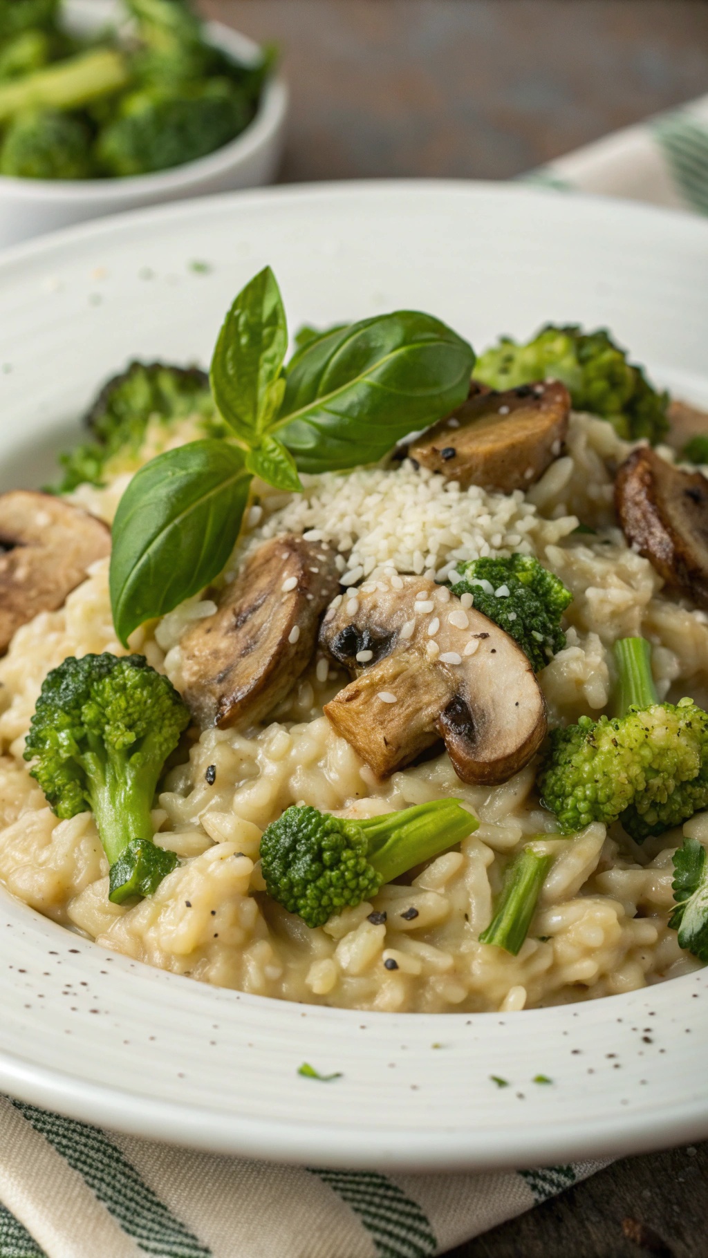 Creamy broccoli and mushroom risotto garnished with basil and cheese