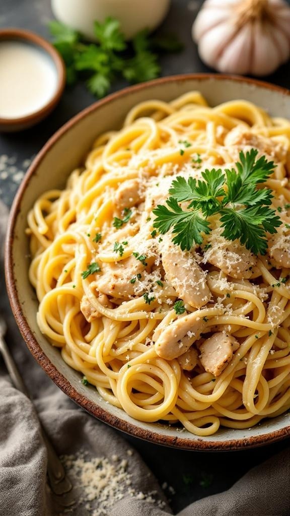 A bowl of creamy chicken alfredo pasta topped with parsley and cheese.