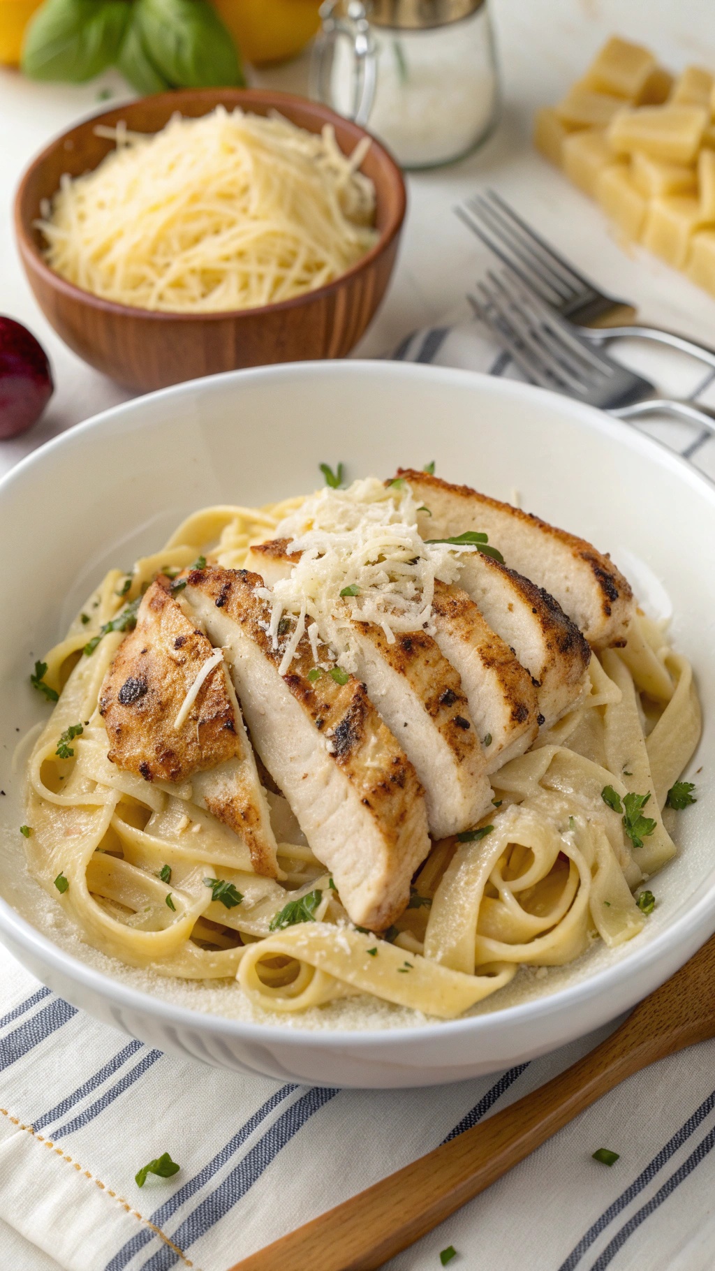 Creamy Chicken Alfredo with grilled chicken slices on top of fettuccine pasta, garnished with parsley and cheese.