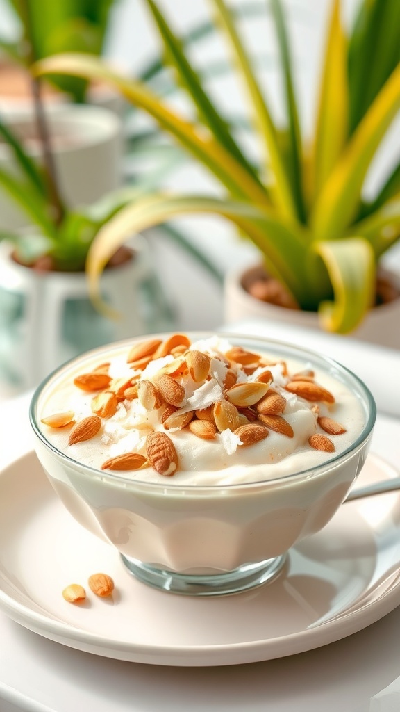 A bowl of creamy coconut almond pudding topped with almonds and coconut flakes, surrounded by green plants.