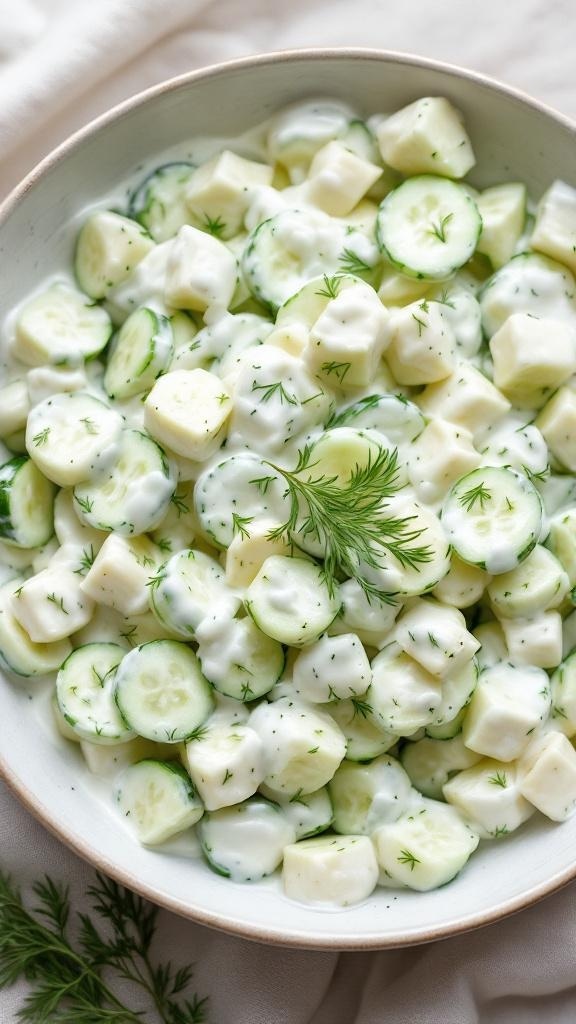 Creamy cucumber salad with yogurt dressing, featuring cucumber slices and cheese in a bowl.