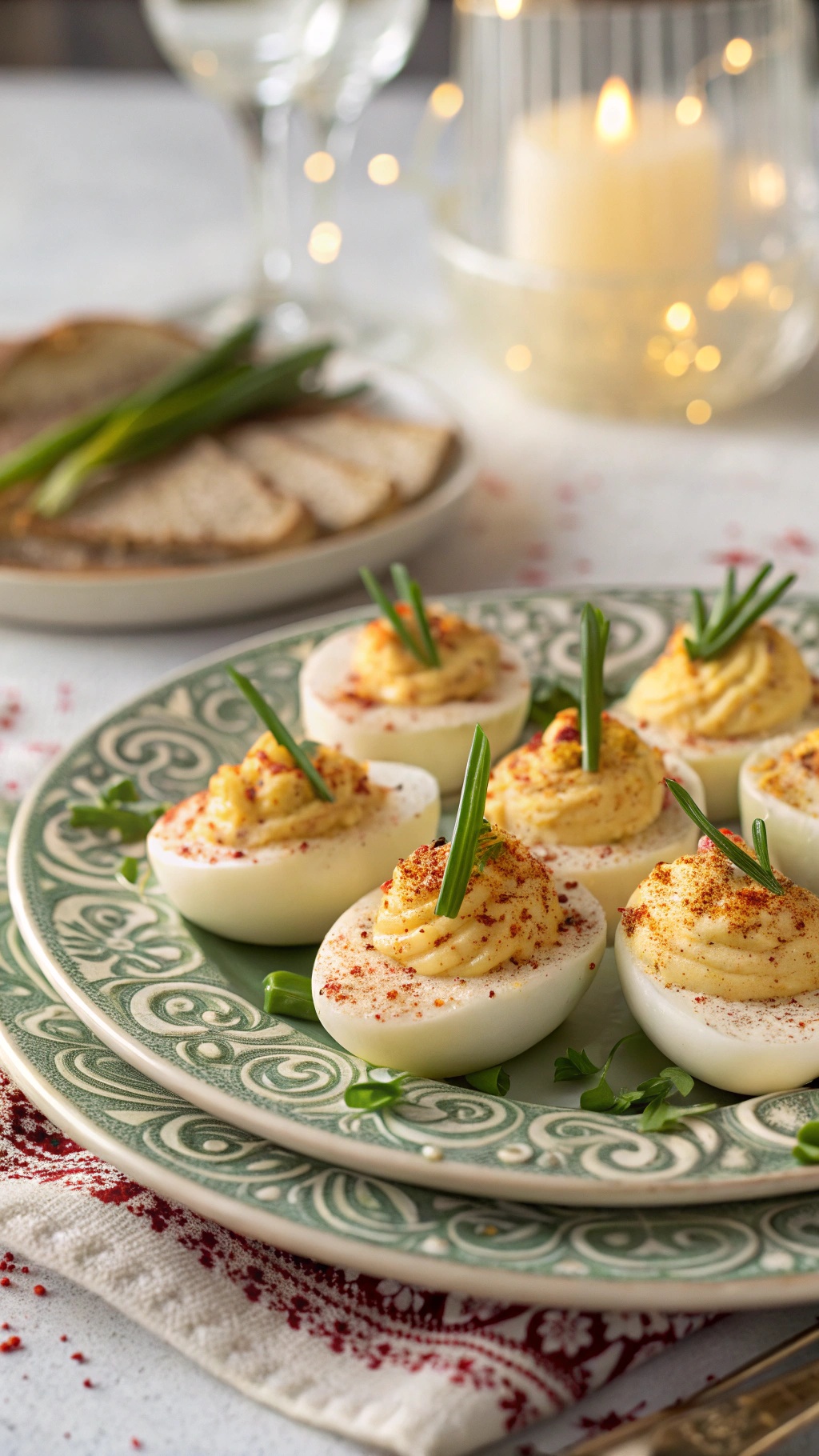 A plate of creamy deviled eggs garnished with chives and paprika, served with slices of bread.