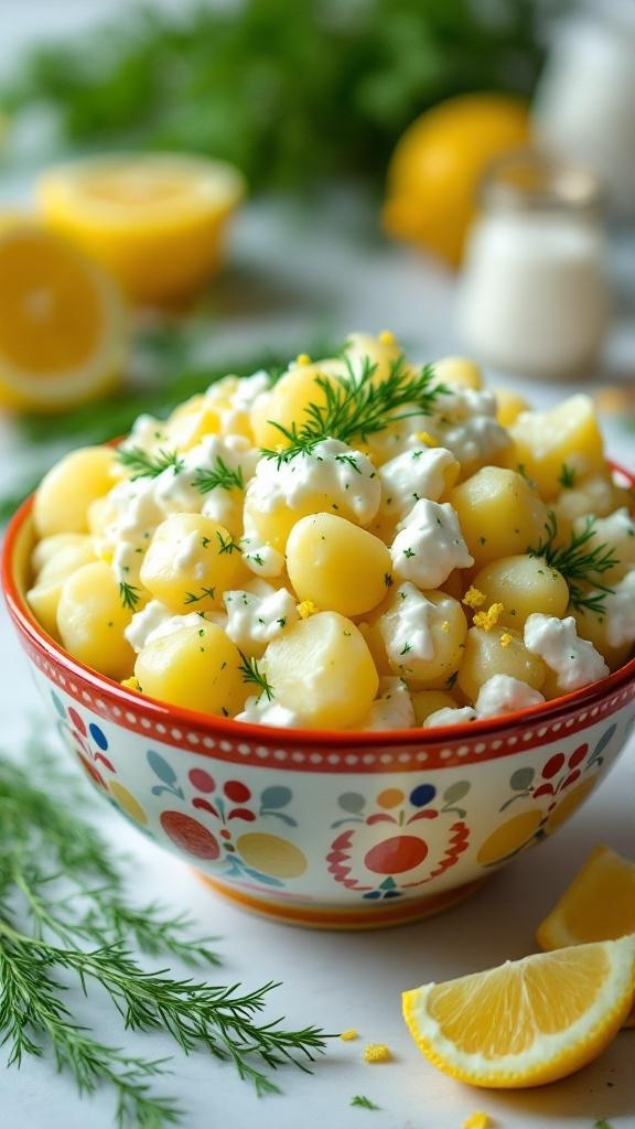 A bowl of creamy dill potato salad with Greek yogurt, garnished with fresh dill and lemon wedges.