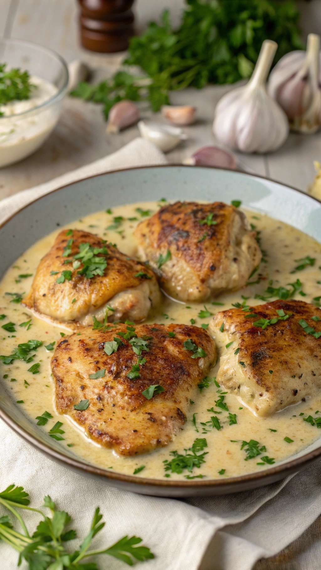 Creamy garlic butter chicken thighs served with parsley and garlic cloves in the background.
