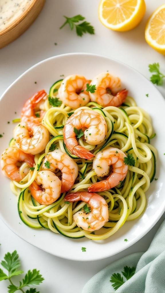 Creamy garlic butter shrimp served over zucchini noodles with lemon slices and parsley.