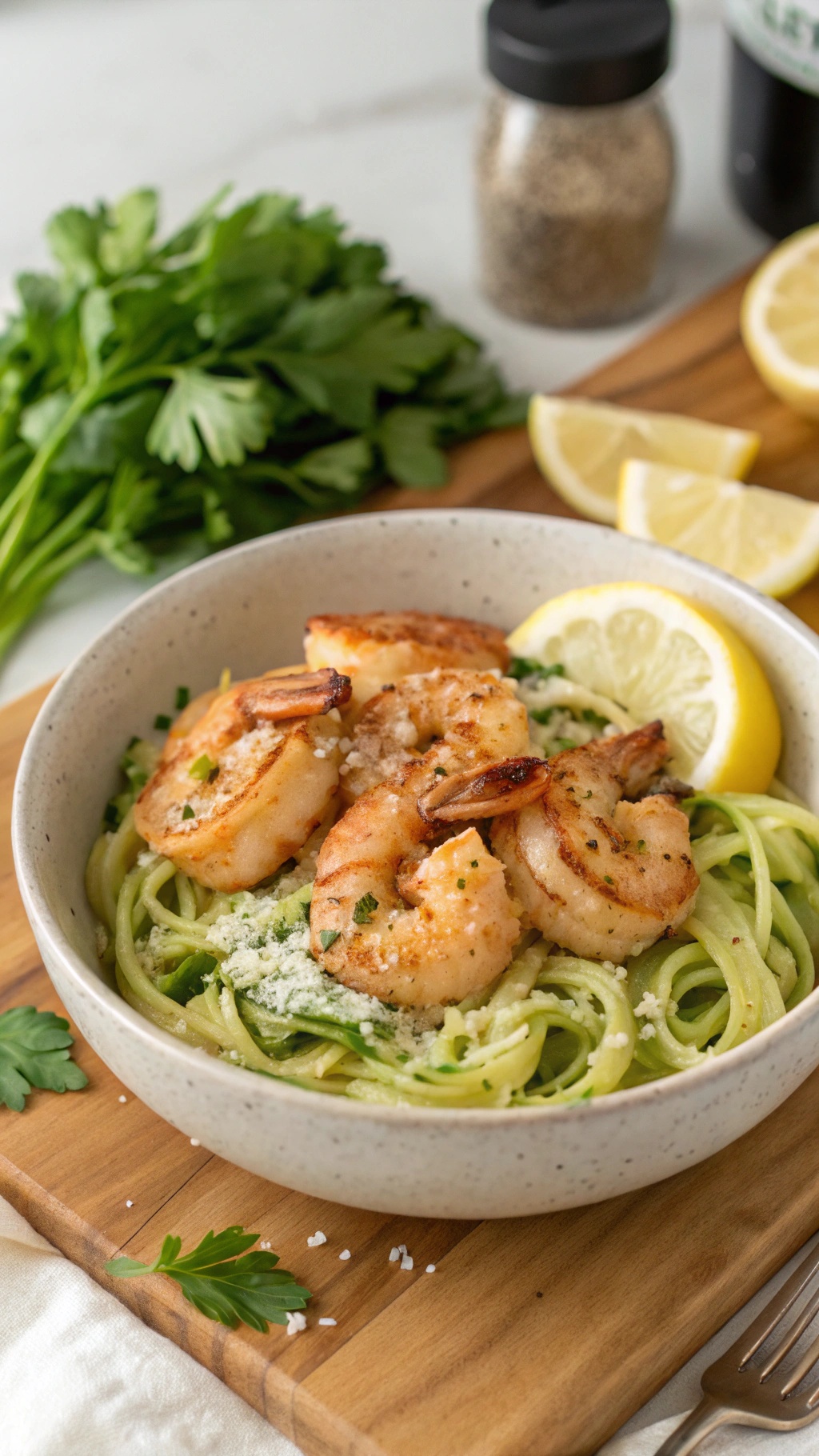 A bowl of creamy garlic butter shrimp served over zucchini noodles, garnished with parsley and lemon slices.