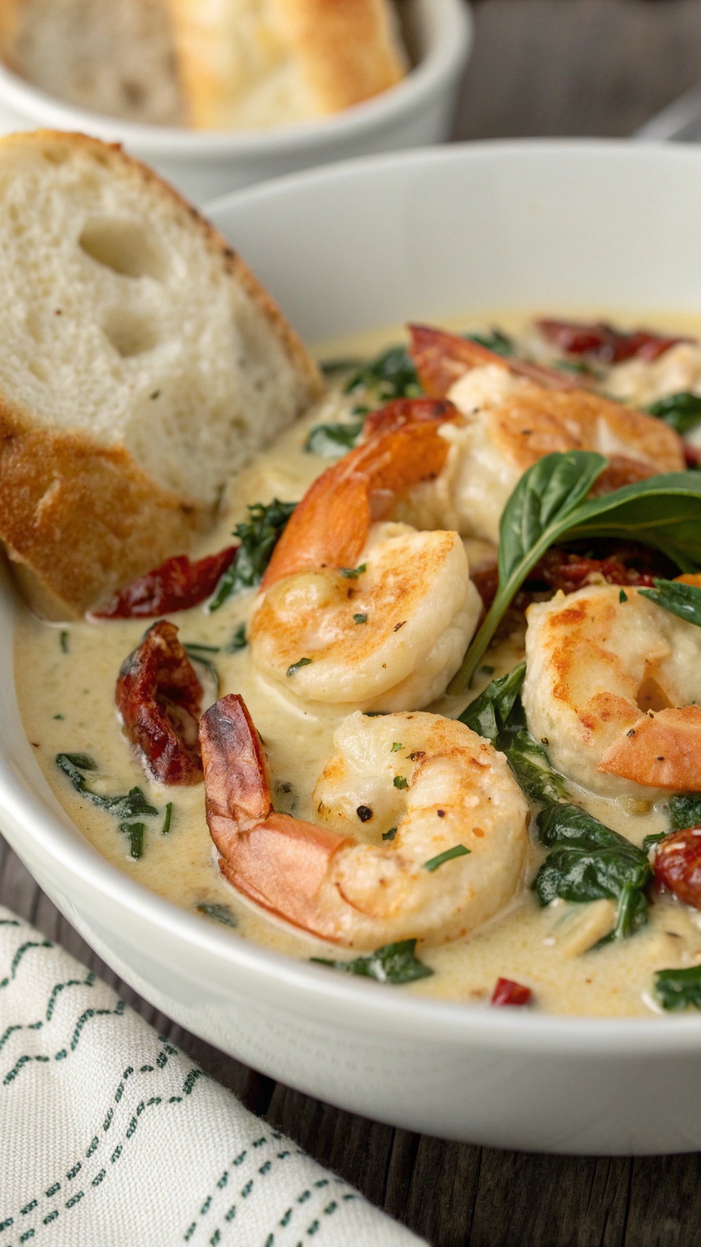 Creamy Garlic Butter Tuscan Shrimp with spinach and sun-dried tomatoes in a bowl