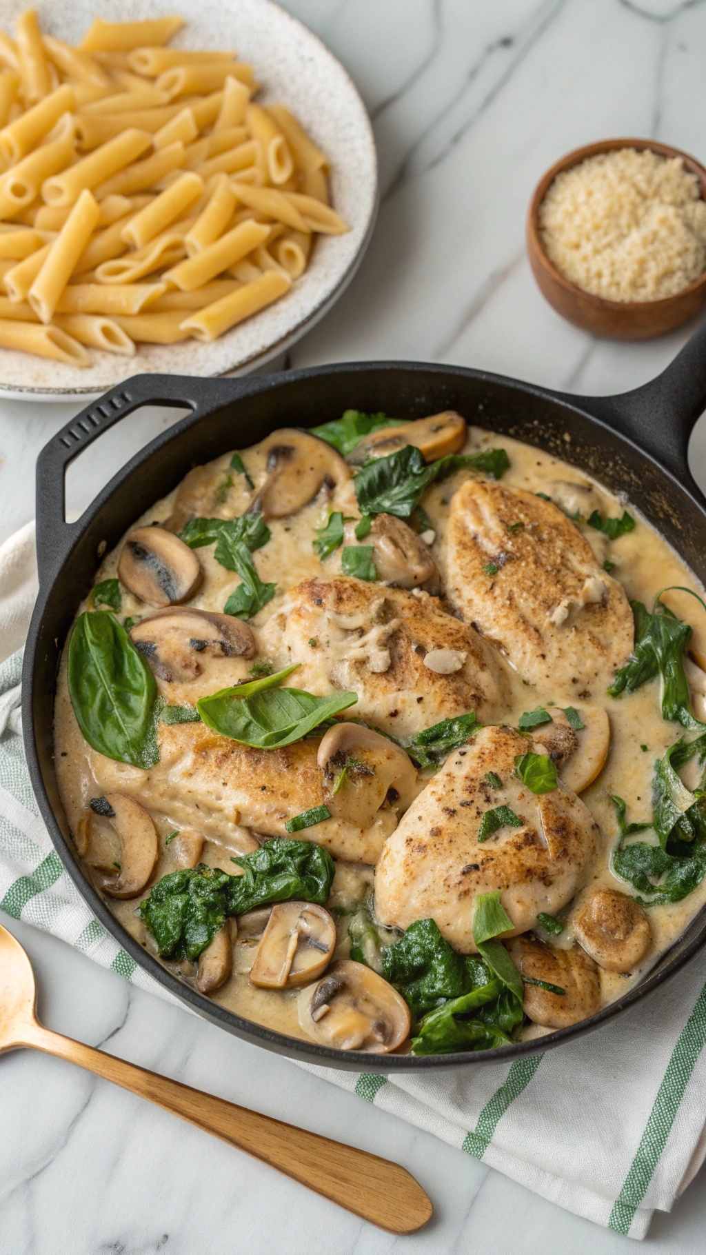 Creamy garlic chicken with spinach and mushrooms in a skillet, served with pasta.