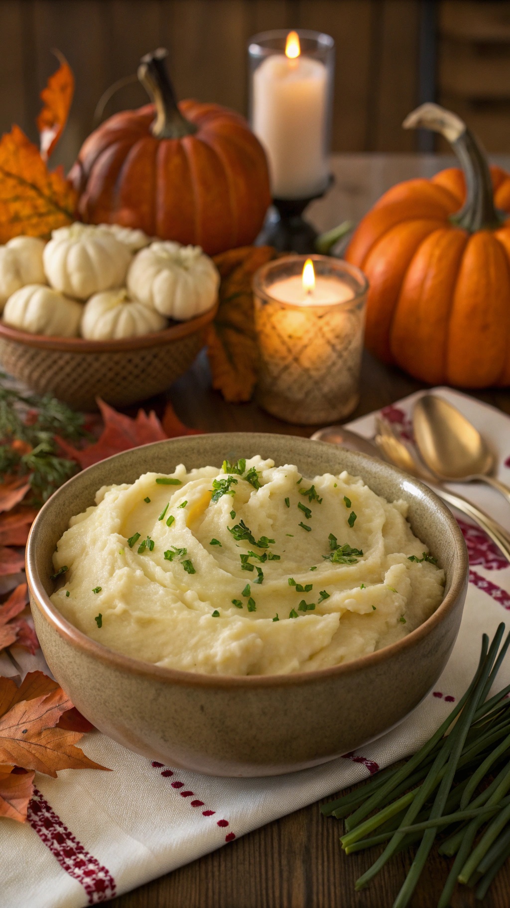 A bowl of creamy garlic mashed potatoes garnished with chives, surrounded by autumn decorations including pumpkins and candles.