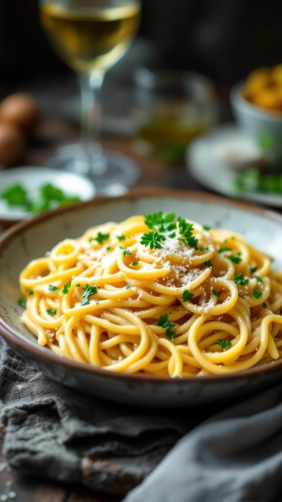 A bowl of creamy garlic parmesan pasta topped with parsley and grated cheese, with a glass of white wine in the background.