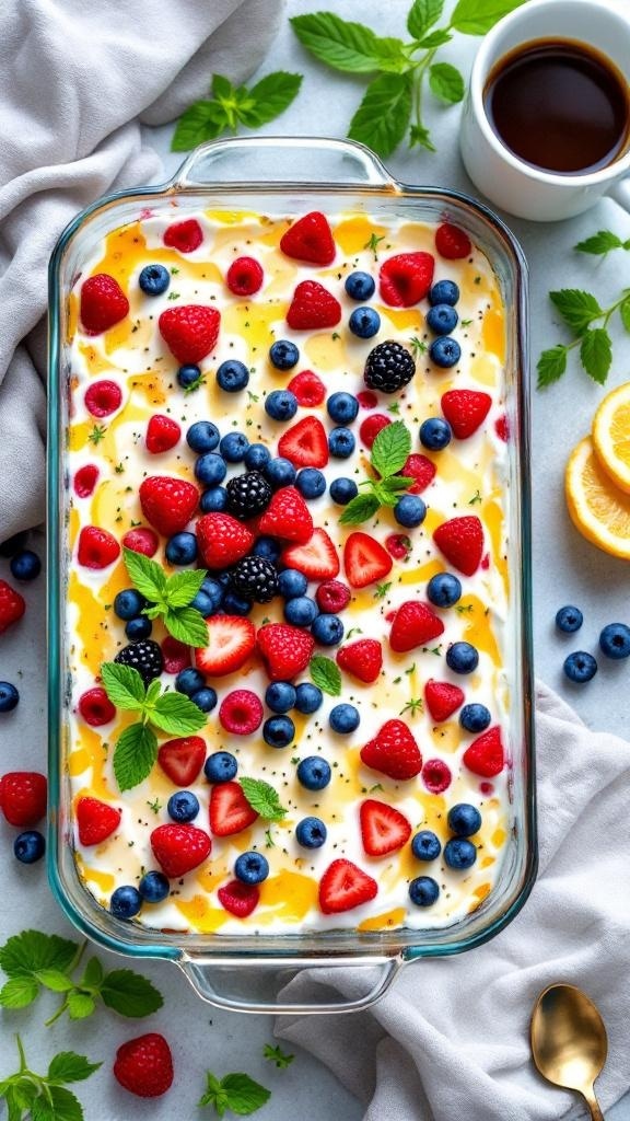 A colorful yogurt and berry overnight casserole topped with fresh strawberries, blueberries, and blackberries, garnished with mint leaves.