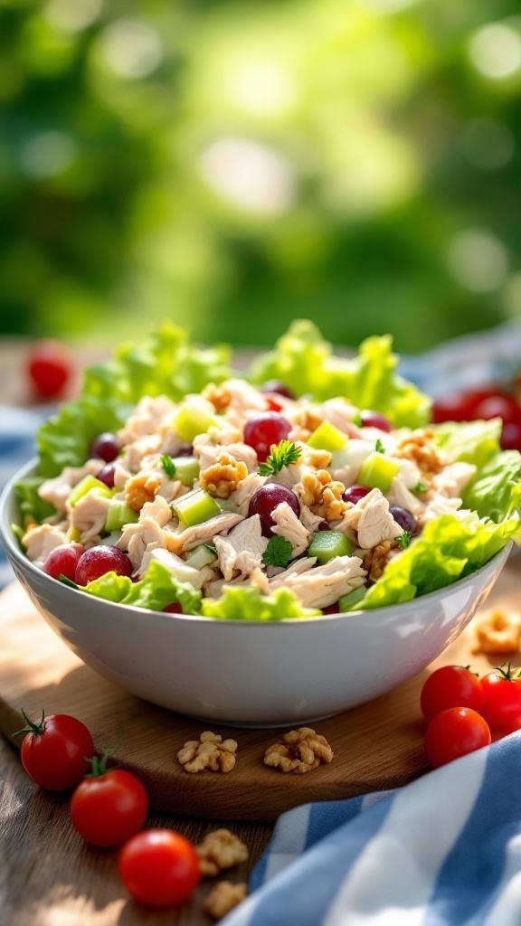 A bowl of creamy Greek yogurt chicken salad with grapes, celery, and walnuts, garnished with lettuce and cherry tomatoes.