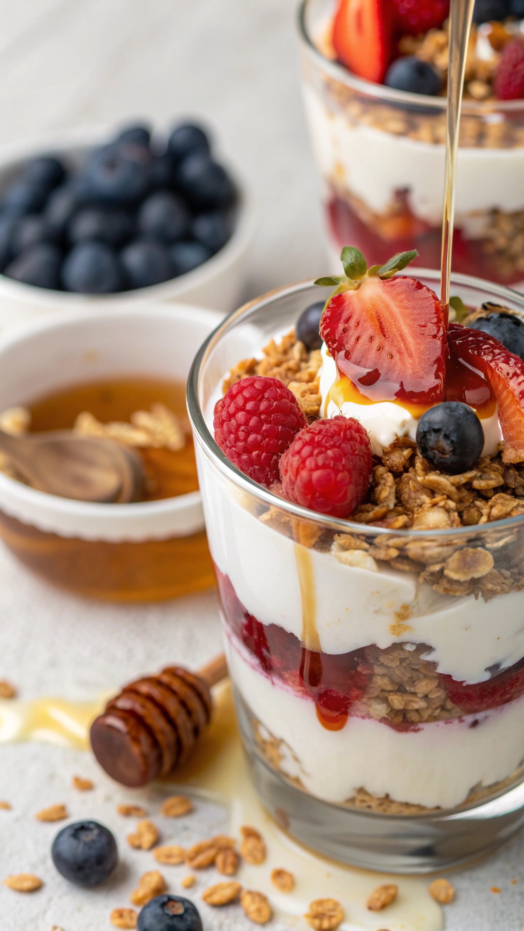 A delicious Greek yogurt parfait with layers of yogurt, granola, and fresh berries, topped with honey.