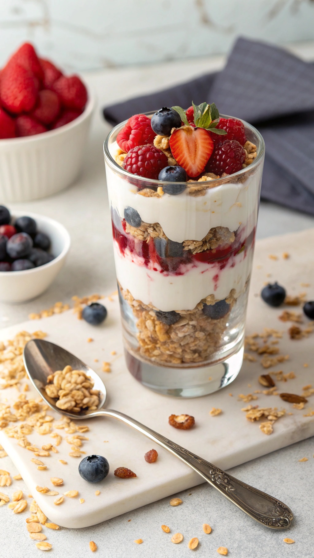 A delicious Greek yogurt parfait with layers of yogurt, granola, and fresh berries.