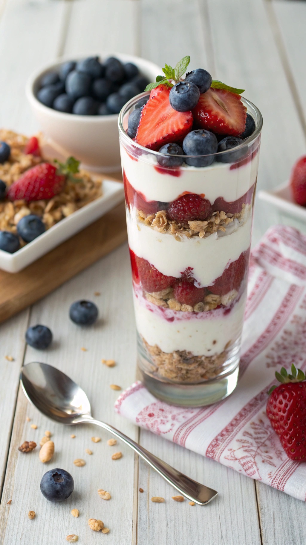 A delicious Greek yogurt parfait with layers of yogurt, granola, and fresh berries.