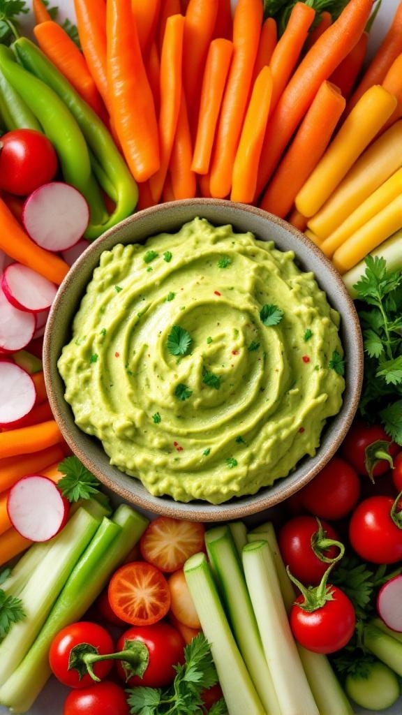 A bowl of creamy guacamole surrounded by colorful, crunchy vegetables for dipping.