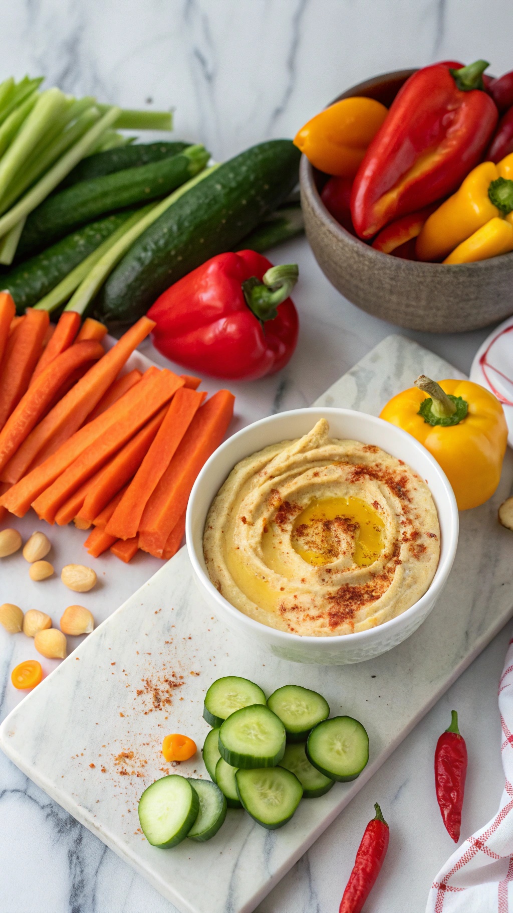 A colorful platter featuring creamy hummus surrounded by fresh vegetables like carrots, cucumbers, and bell peppers.