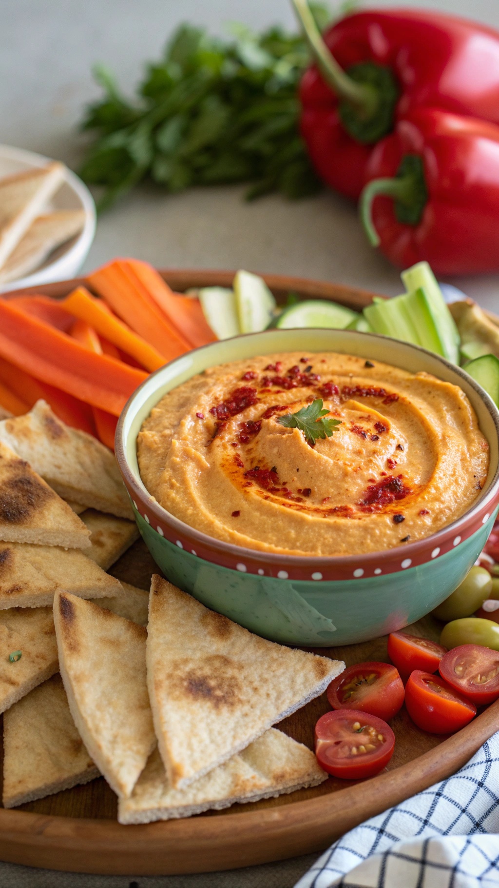 A bowl of roasted red pepper hummus surrounded by pita chips and fresh vegetables.
