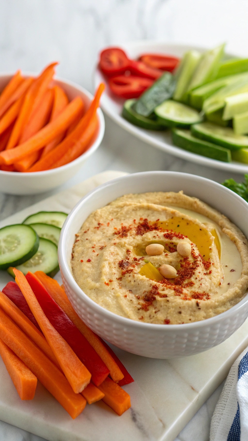 A bowl of creamy hummus with a drizzle of olive oil and paprika, surrounded by colorful vegetable sticks including carrots, cucumbers, and red bell peppers.
