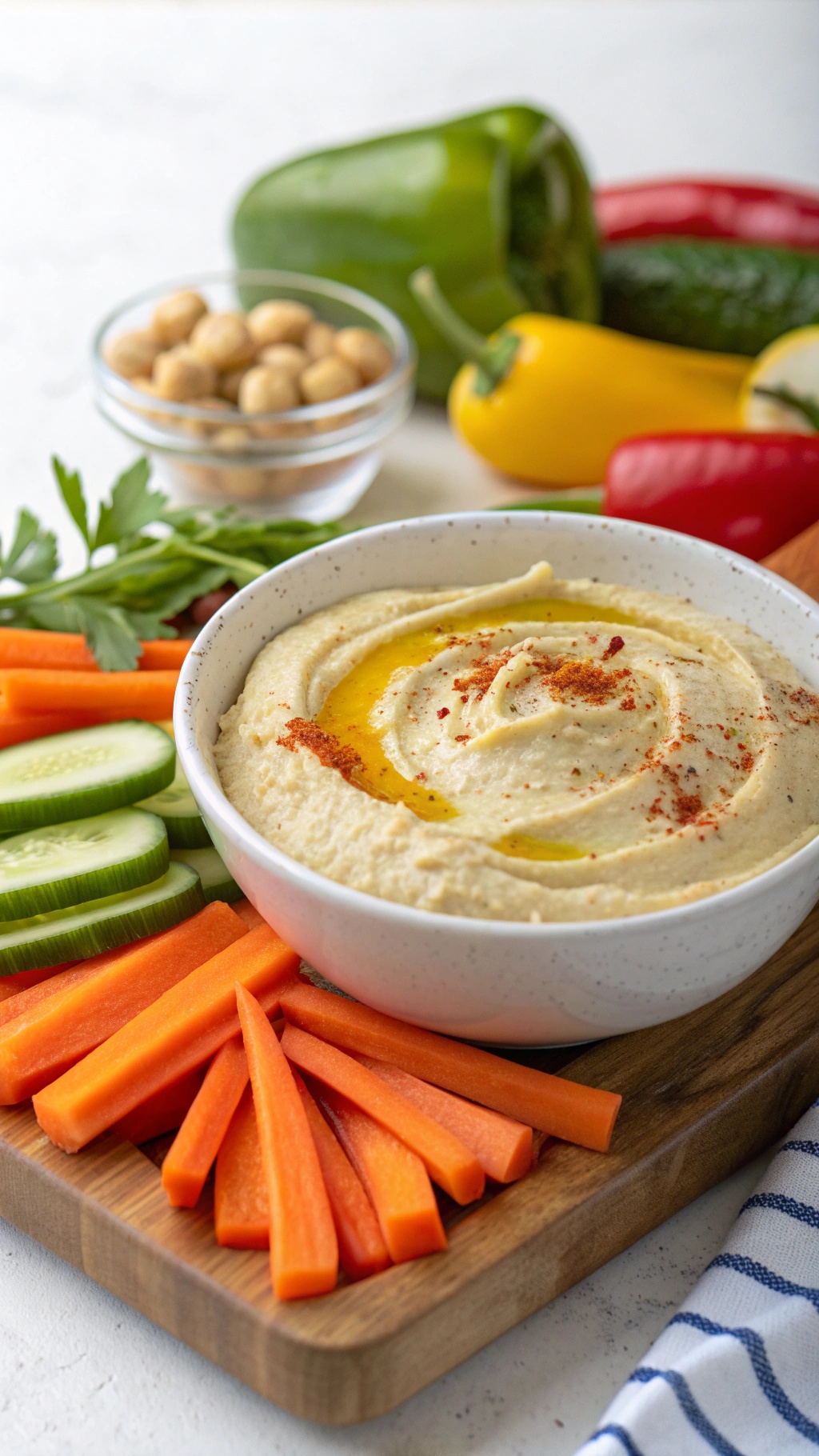 Creamy hummus served with fresh vegetable dippers including carrots, cucumbers, and bell peppers.