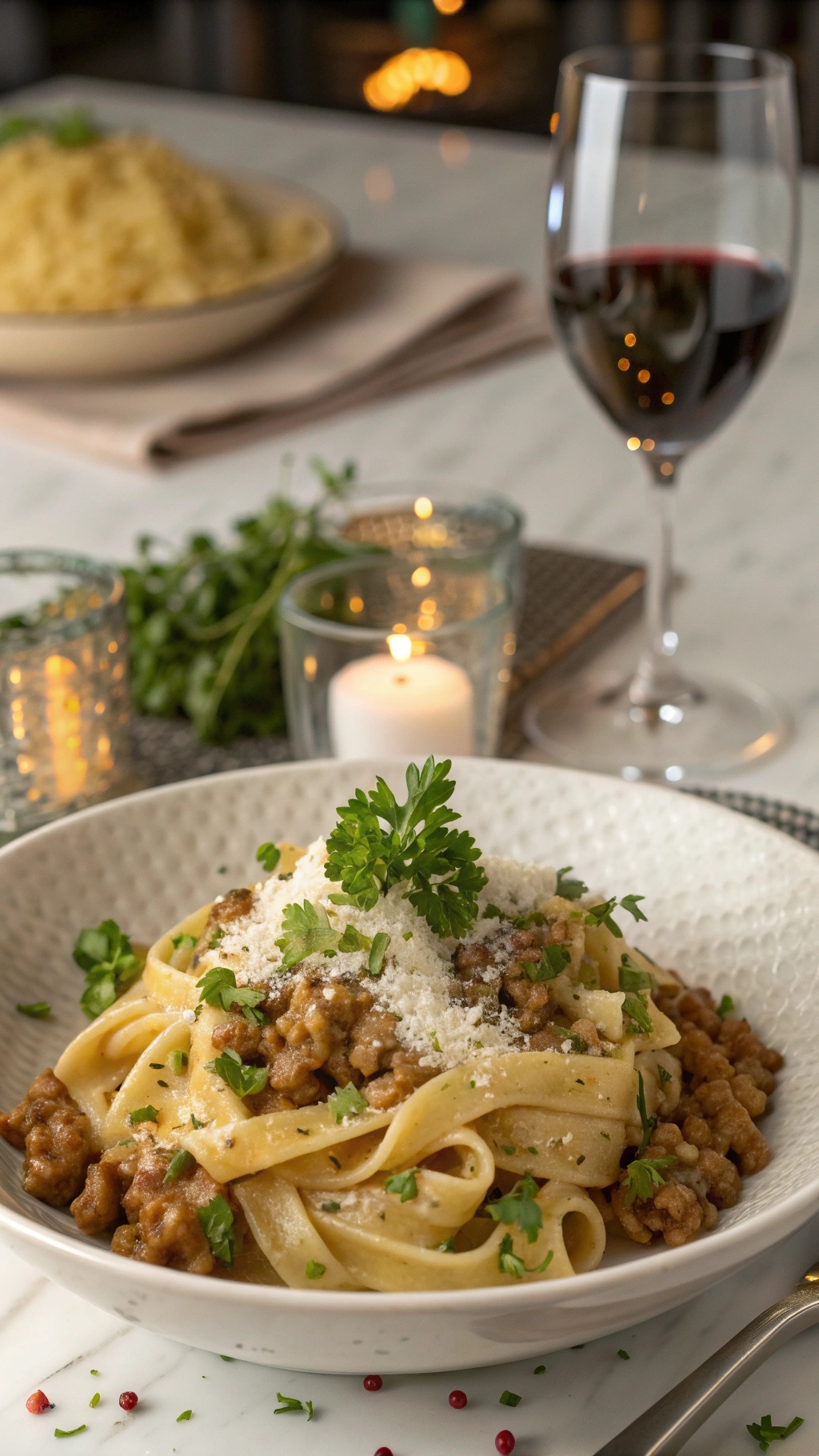 A bowl of creamy lentil pasta topped with parsley and cheese, with a glass of red wine in the background.