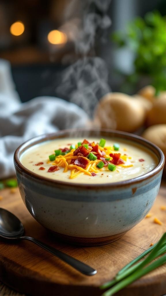A steaming bowl of creamy loaded baked potato soup topped with bacon, cheese, and green onions.