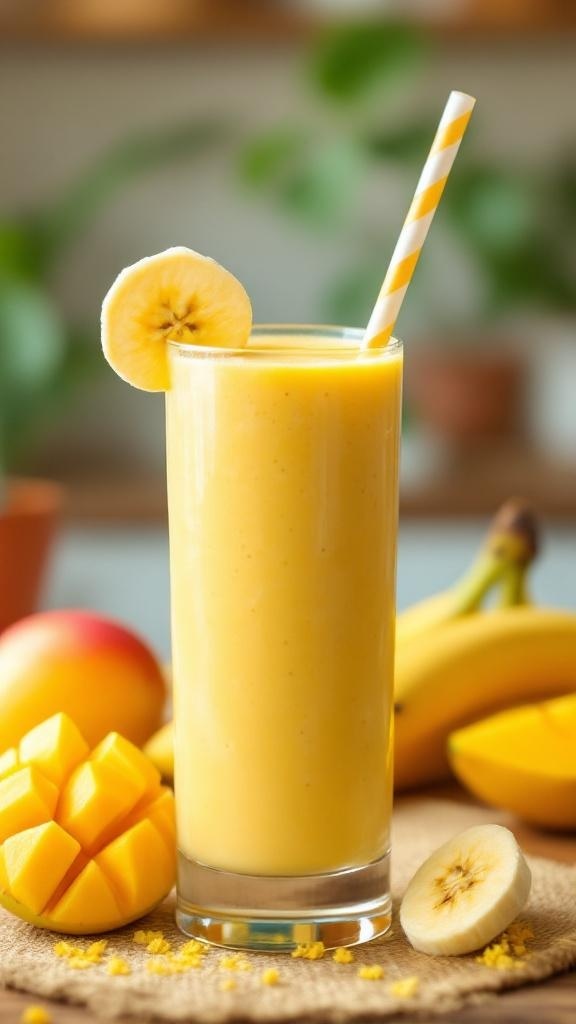A creamy mango banana smoothie in a tall glass with a slice of banana on the rim and a striped straw, surrounded by fresh mango and banana.