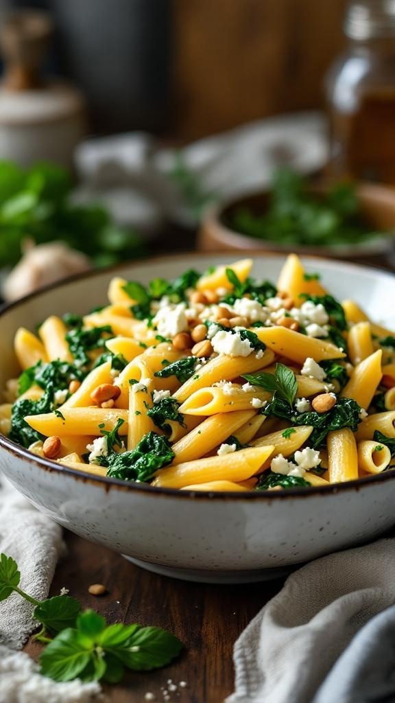 A bowl of creamy Mediterranean spinach and feta pasta with pine nuts and fresh herbs.