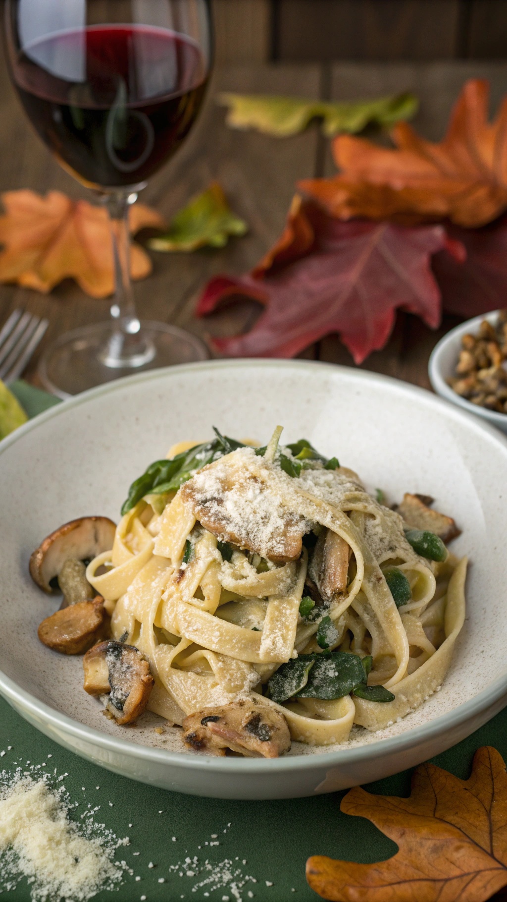 A bowl of creamy mushroom and spinach pasta garnished with cheese, surrounded by autumn leaves and a glass of red wine.