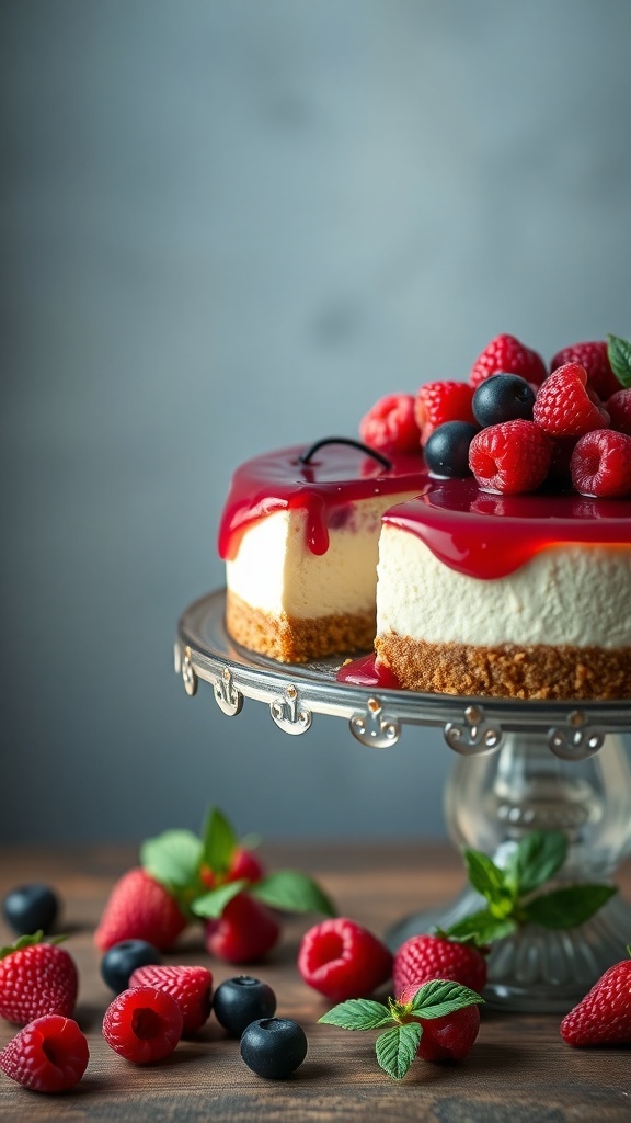 A creamy no-bake cheesecake topped with fresh raspberries and blueberries on a decorative cake stand.
