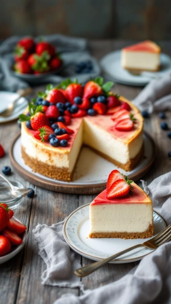 A creamy no-bake cheesecake topped with fresh strawberries and blueberries, served on a plate with a slice cut out.