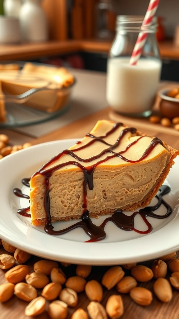 A slice of creamy no-bake peanut butter pie drizzled with chocolate sauce, surrounded by peanuts and a glass of milk.