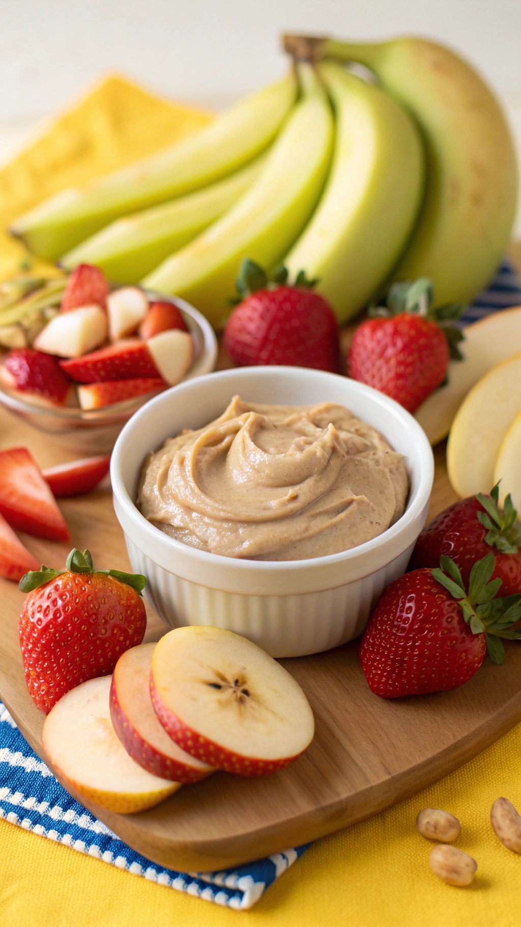 A creamy nut butter dip in a bowl surrounded by fresh fruits like strawberries and apple slices.