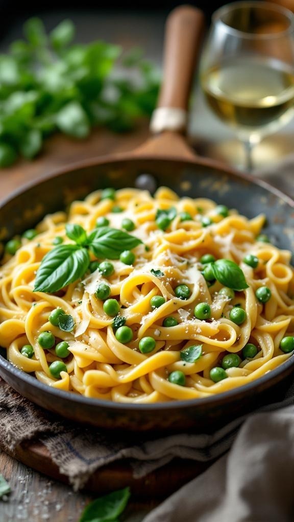 A bowl of creamy one-pan pasta with peas and basil leaves, garnished with Parmesan cheese.
