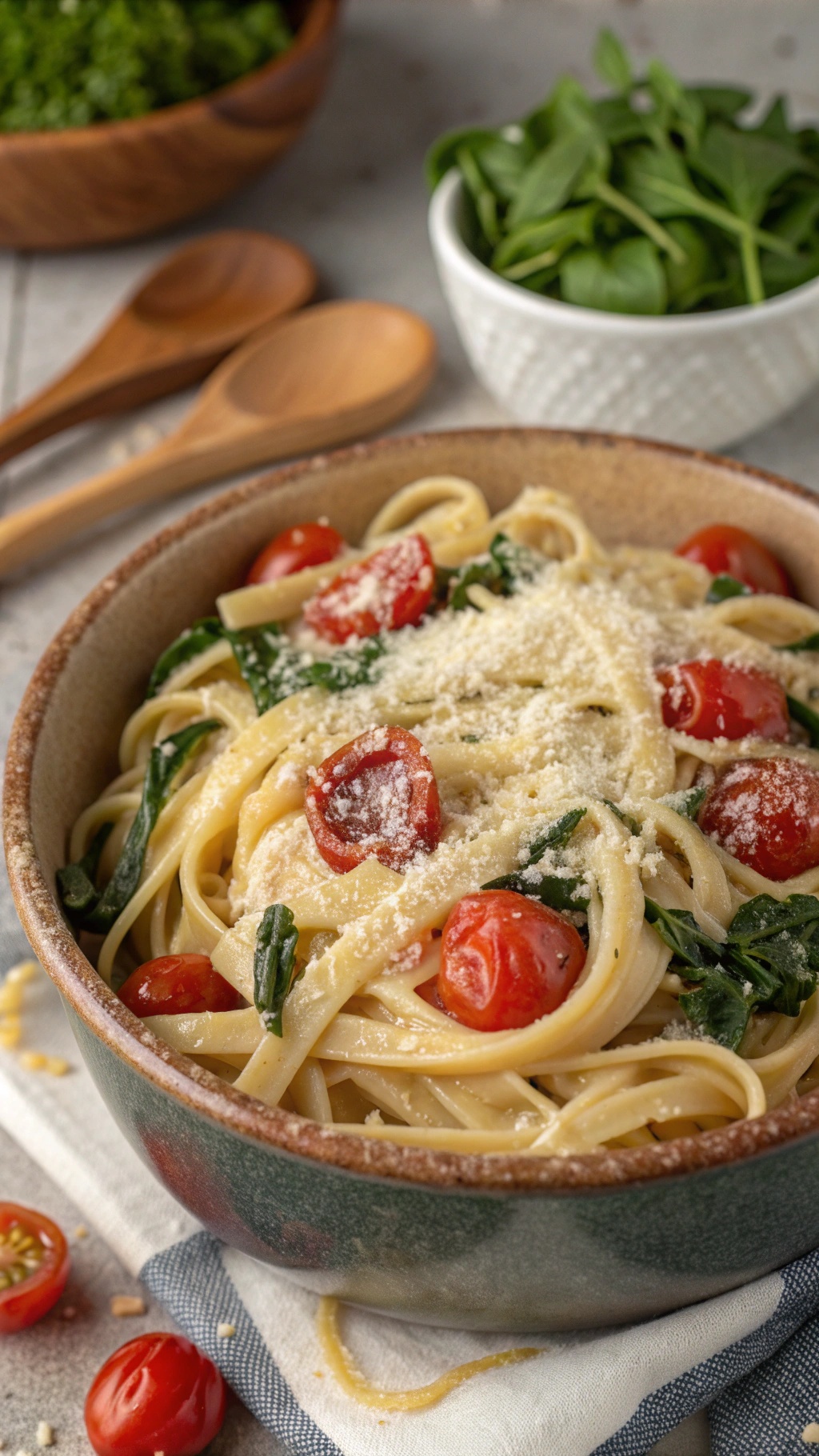 A bowl of creamy one-pot pasta with spinach and tomatoes, garnished with Parmesan cheese.