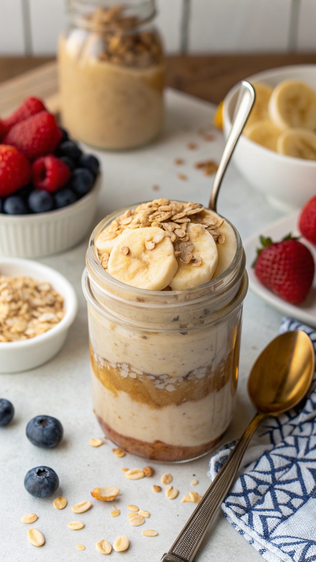 A jar of creamy peanut butter banana overnight oats topped with banana slices and granola, surrounded by fresh berries.