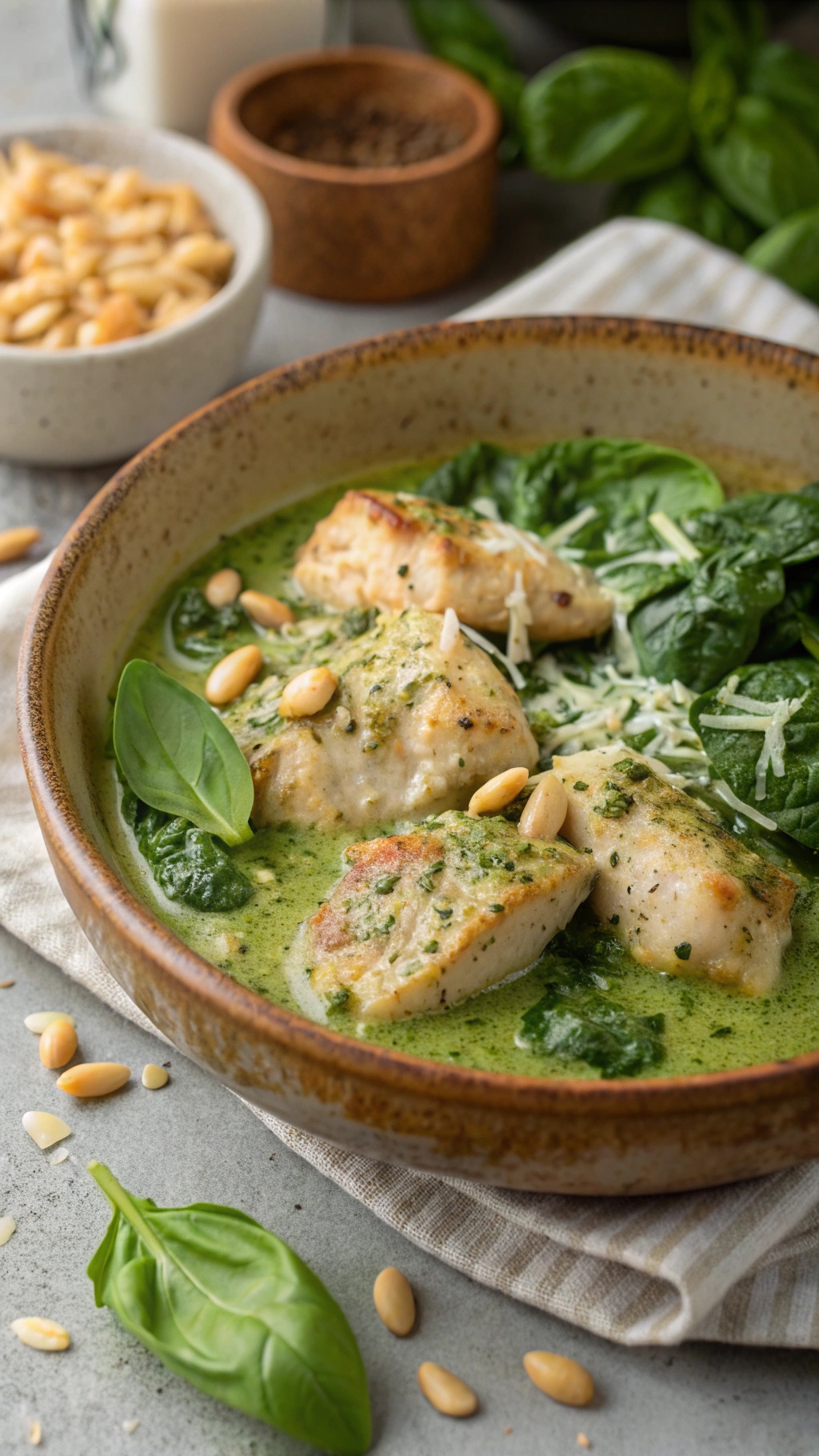A bowl of creamy pesto chicken with spinach, garnished with pine nuts.