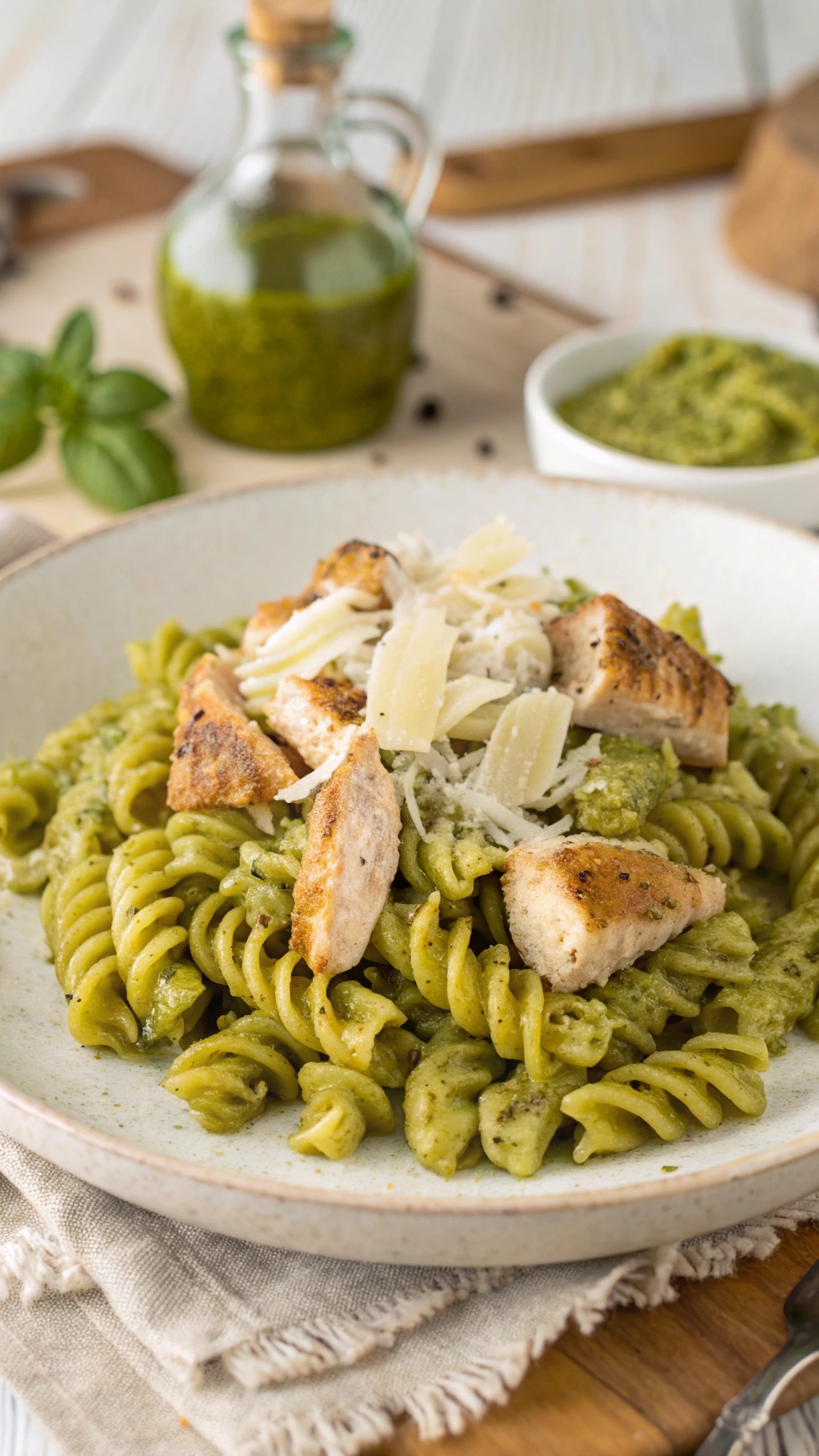 A plate of creamy pesto pasta with grilled chicken and parmesan cheese, garnished with fresh basil.