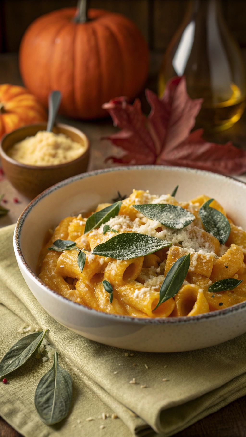 A bowl of creamy pumpkin and sage pasta garnished with fresh sage leaves and Parmesan cheese, with pumpkins and a cozy setting in the background.