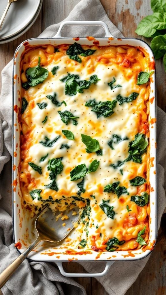 A creamy ricotta and spinach casserole topped with melted cheese and fresh spinach leaves.