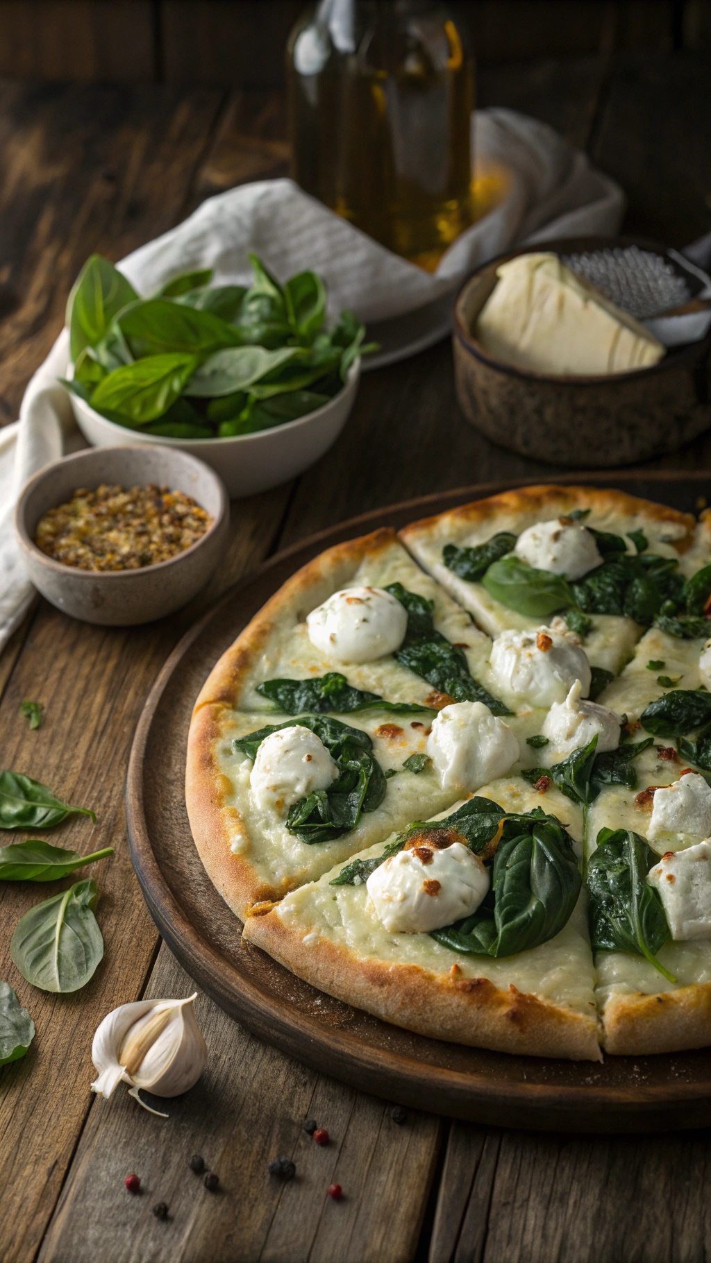 Creamy ricotta and spinach protein pizza with fresh ingredients