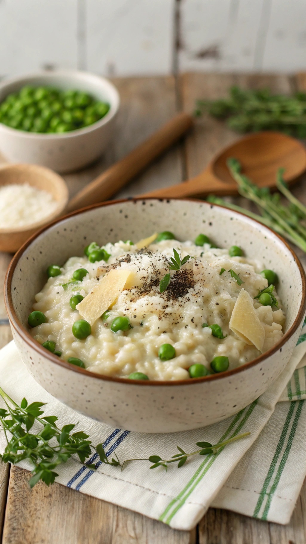 A bowl of creamy risotto topped with green peas and cheese, surrounded by fresh herbs.