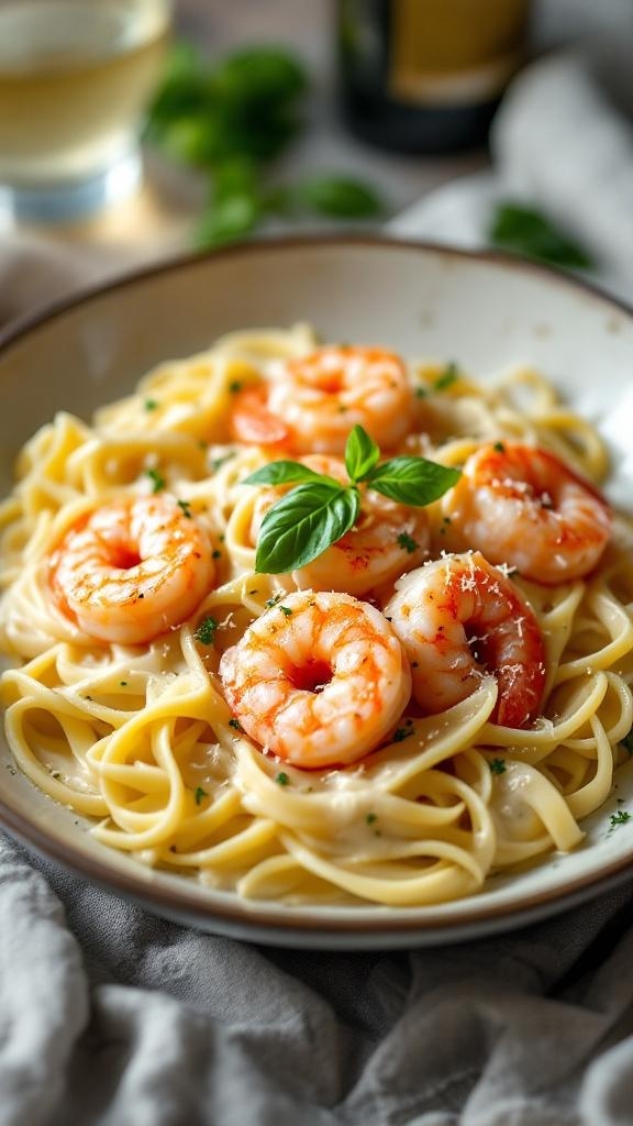 A bowl of creamy shrimp Alfredo pasta topped with shrimp and basil.