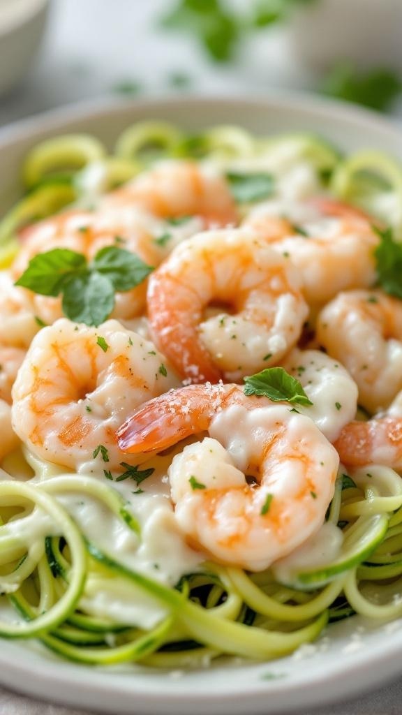 Creamy shrimp alfredo served over zoodles with fresh parsley garnish