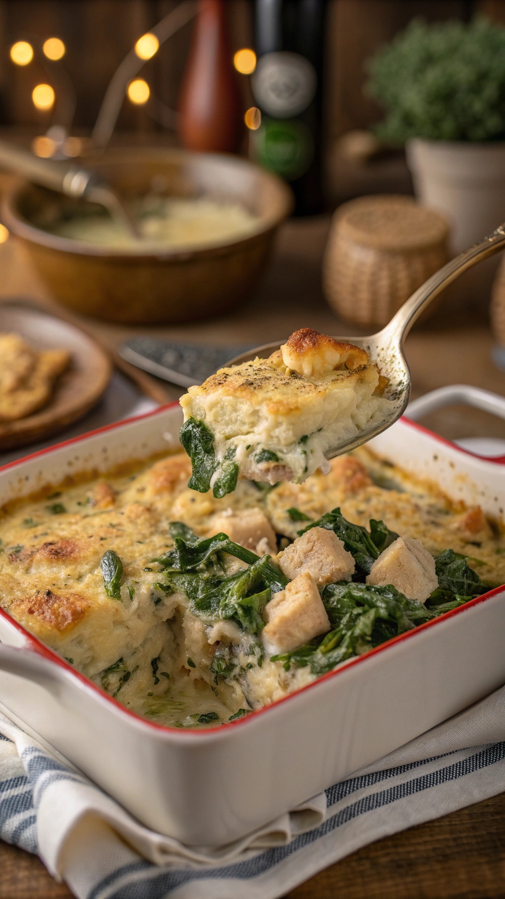 Creamy spinach and chicken casserole in a baking dish with a spoon serving a portion.