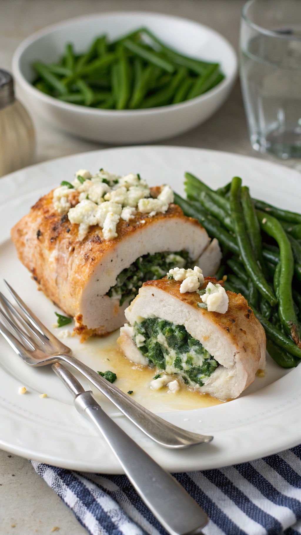 Creamy spinach and feta stuffed chicken breast served with green beans.