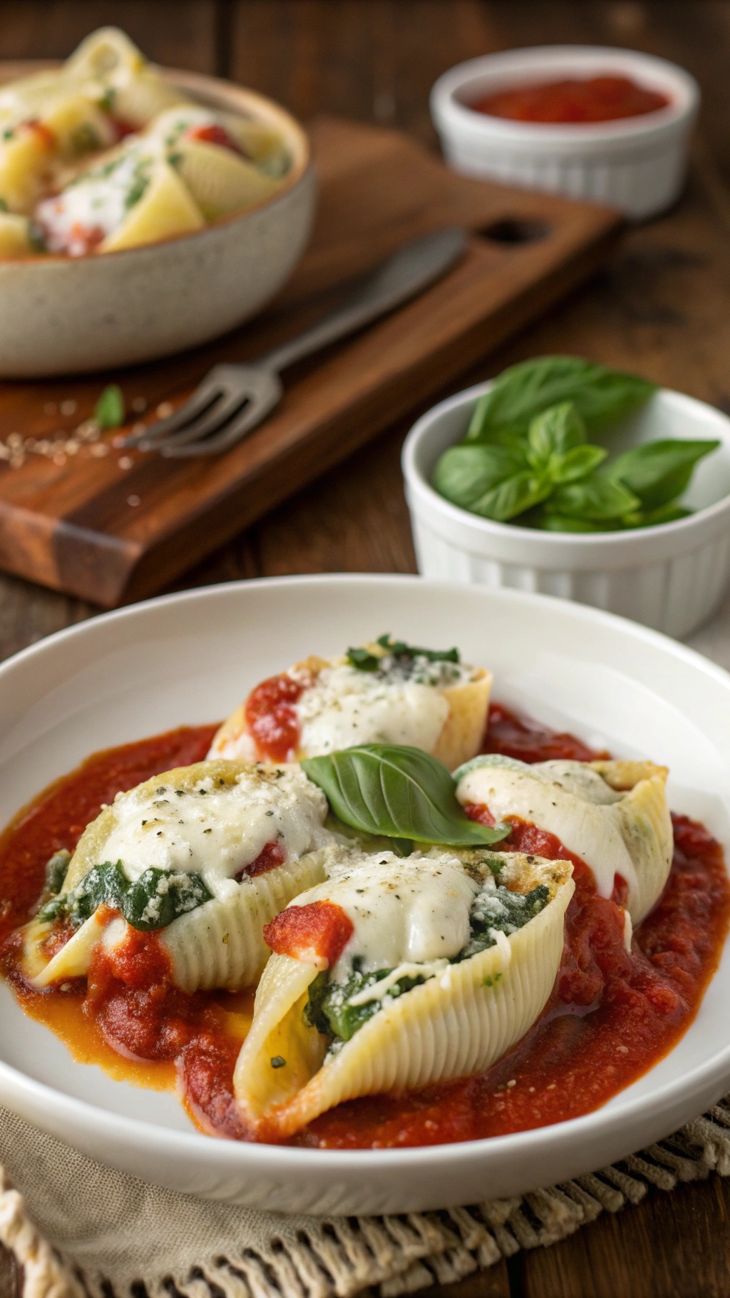 Creamy spinach and ricotta stuffed shells on a plate with marinara sauce and fresh basil.
