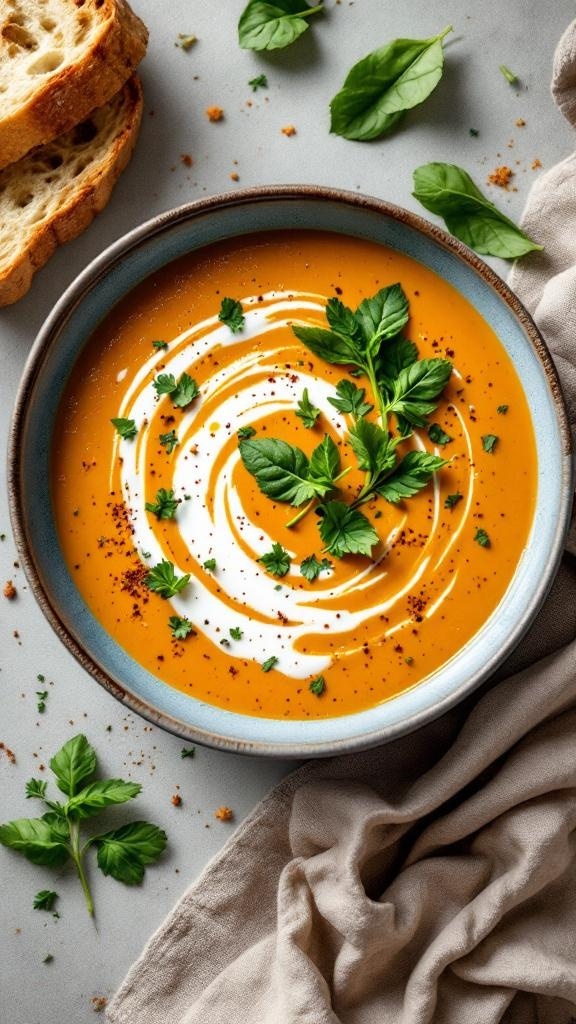 A bowl of creamy sweet potato and spinach soup garnished with herbs and a swirl of cream, accompanied by slices of bread.