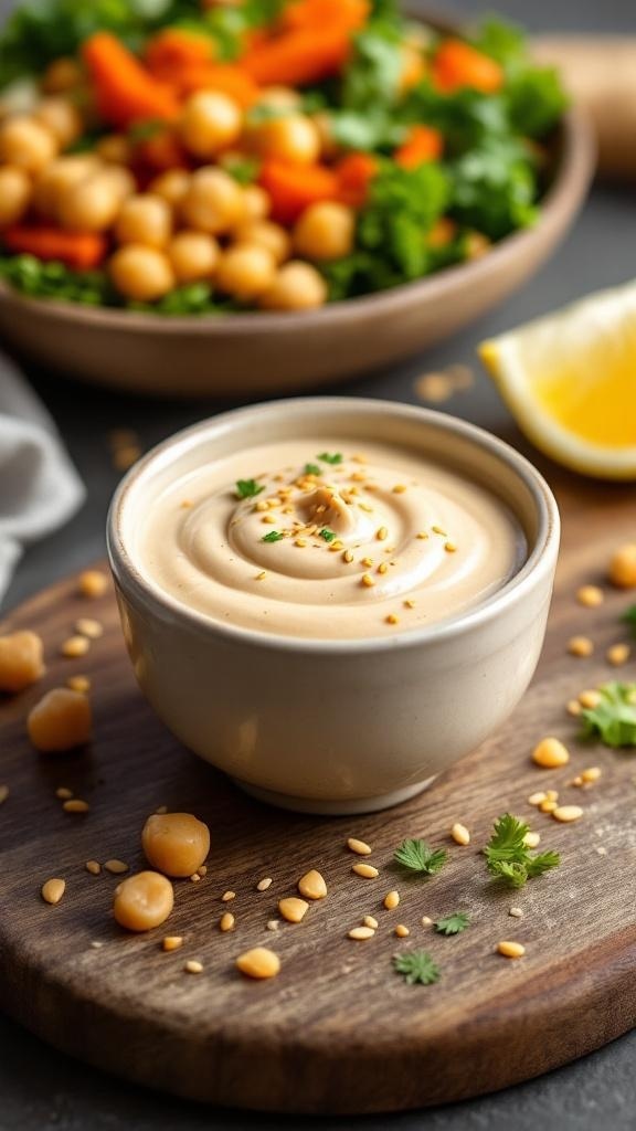 A bowl of creamy tahini dressing on a wooden board, surrounded by chickpeas, sesame seeds, and fresh greens.