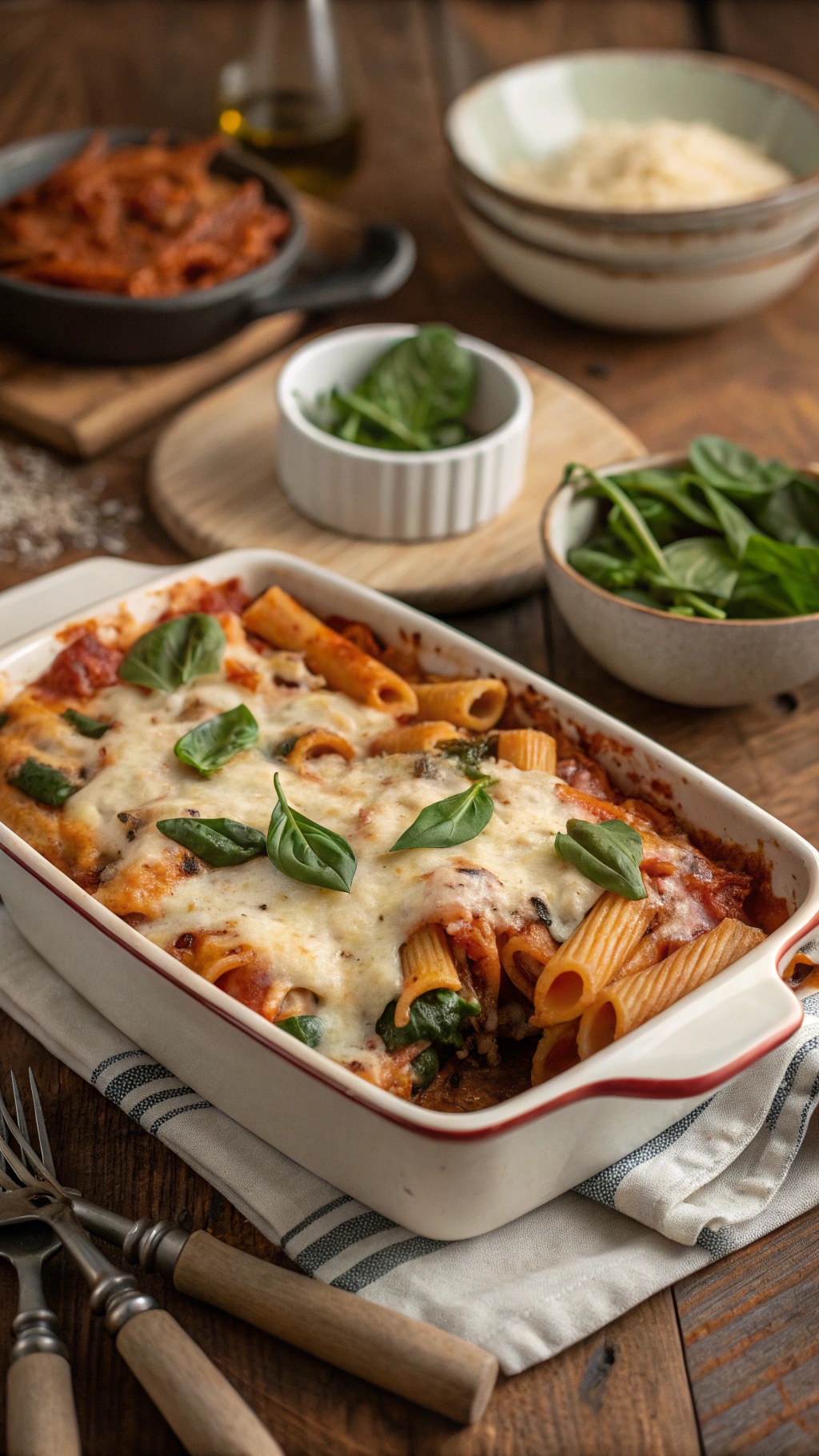 Creamy tomato and spinach pasta bake in a baking dish, topped with melted cheese and fresh basil.